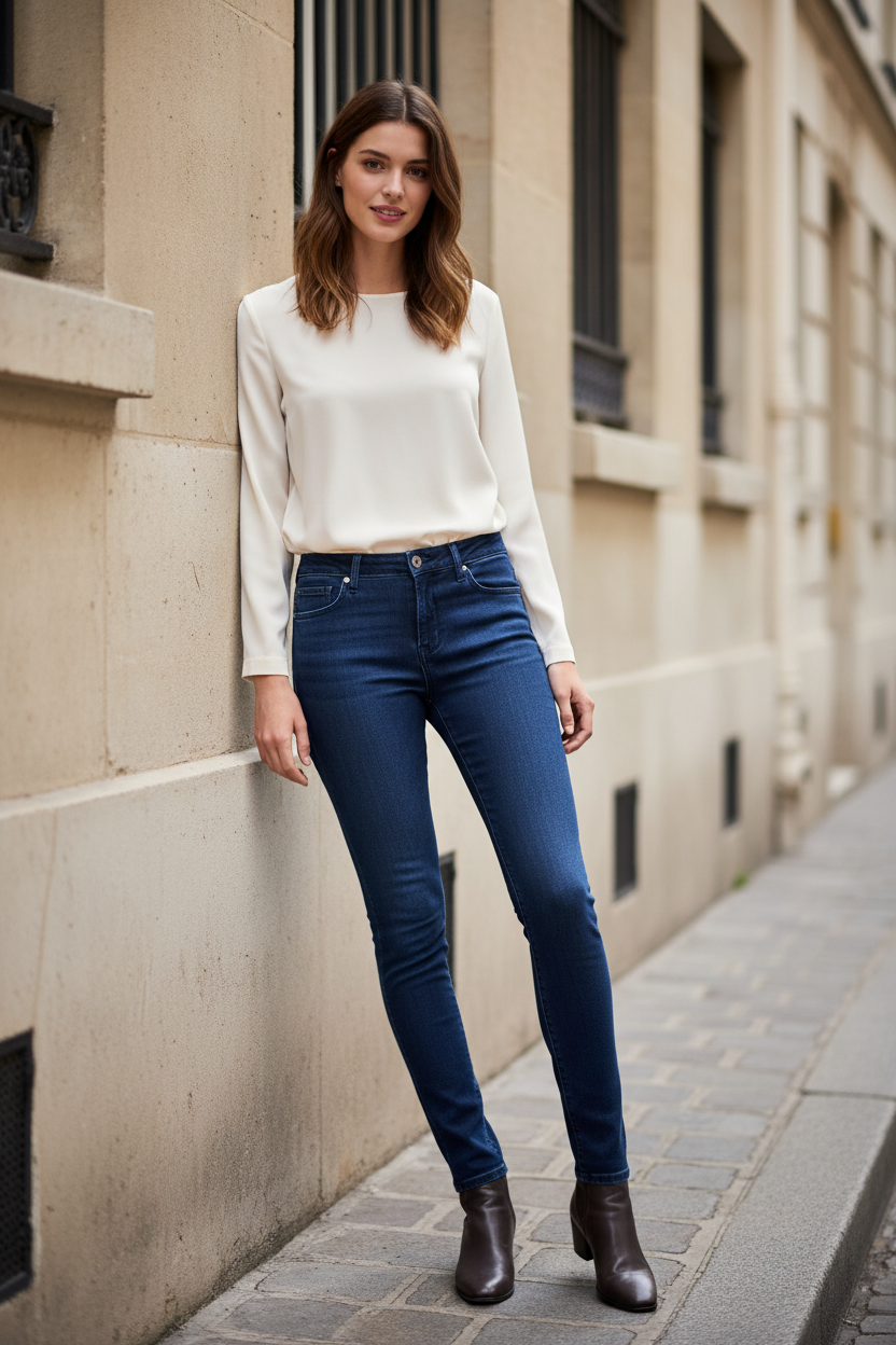 Premium fashion photography - leaning pose skinny jeans