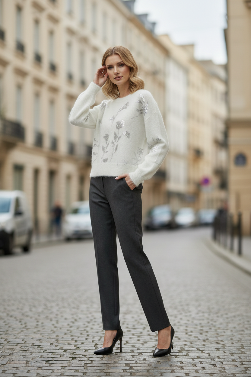 White Mohair Sweater - Elegant Pose